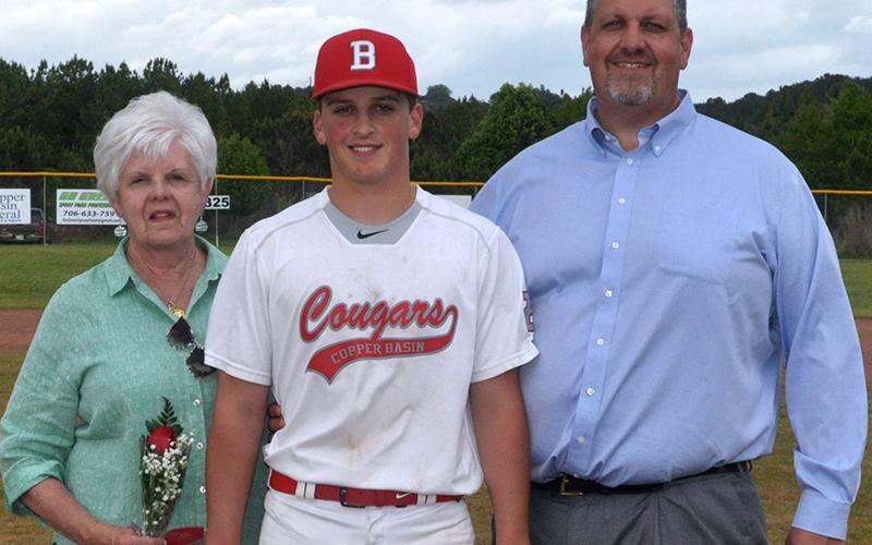 Timothy Jabaley was one of eight baseball seniors honored at Copper Basin’s baseball senior night Thursday, April 29. Jabaley is shown with his father, Tim Jabaley, and grandmother, Kay Jabaley.
