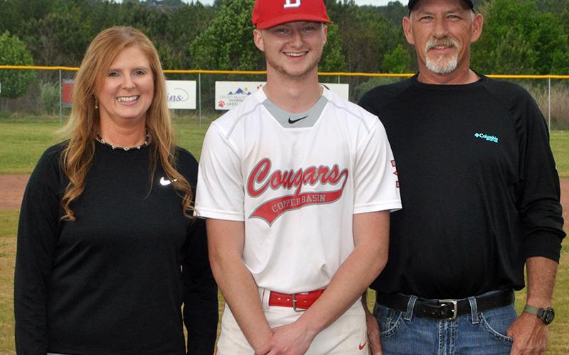 Eli Patterson was honored at Copper Basin’s senior night ceremony against Tellico Plains Thursday, April 29. Patterson is shown with his parents Edwin and Kim Patterson.