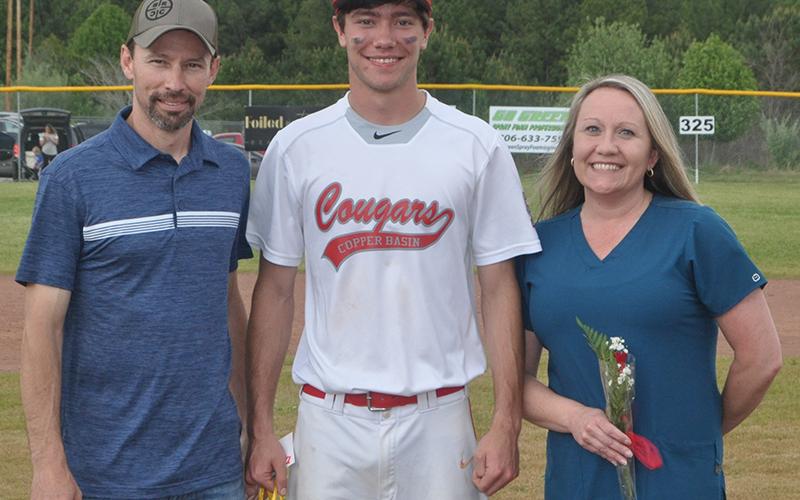 Dawson Worthy was recognized during Copper Basin’s senior night ceremony before the Cougars' game against Tellico Plains Thursday, April 29. Worthy is shown with his parents, Tim and Alisha Worthy.