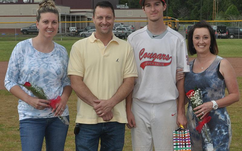 Austin Collis was recognized at Copper Basin’s baseball senior night Thursday, April 29. Shown during the ceremony are, from left, Laura Collis, Jason Collis, senior Collis, and Kristin Kinkade.