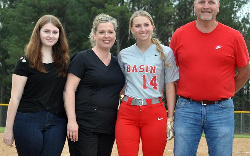 Allie Ballew was honored at the senior night ceremony at Copper Basin Thursday, April 29. Shown are, from left, sister, Anna Ballew; mother, Stephanie Ballew; senior, Allie Ballew; and father, Jamey Ballew.