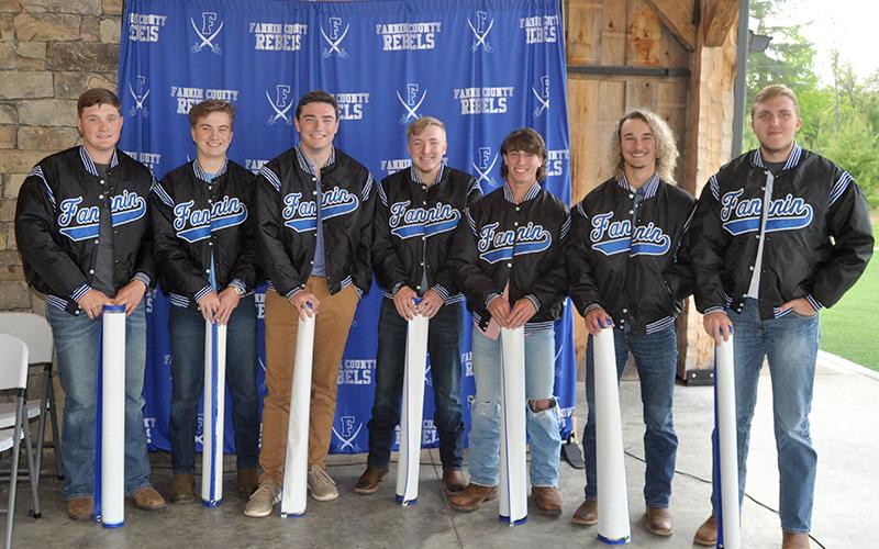 The Fannin County Rebel baseball team honored their seven seniors with a dugout jacket during the end-of-season awards banquet Monday, May 17. Seniors shown are, from left, Bradley Holloway, Jacob Preising, Brady Martin, Tyler Fox, Caleb Postell, Wyatt Rogers and Logan Hughes.