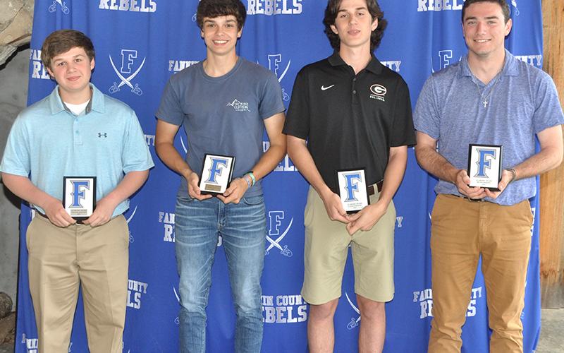 The Rebel baseball team awarded four academic awards, one per grade level, Monday, May 17, at their awards banquet at the Ridge Community Church pavilion. Shown are, from left, freshman Connor Johnson, sophomore Hayden Danner, junior Cater Johnson and senior Brady Martin.