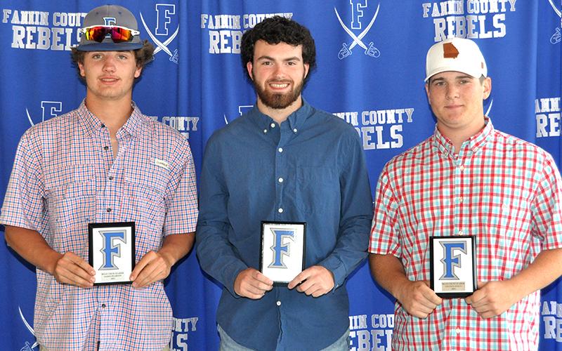 The Fannin Rebels baseball Head Coach Travis Stone introduced the three “Boat Crew Leader” Awards during the Rebels’ end-of-season banquet Monday, May 17. The Boat Crew Leader Award goes to three Rebels that will take on leadership roles in the up-and-coming season. This years Boat Crew Leader recipients were, from left, Jason Pearson, Sawyer Moreland and Chance Stacy.