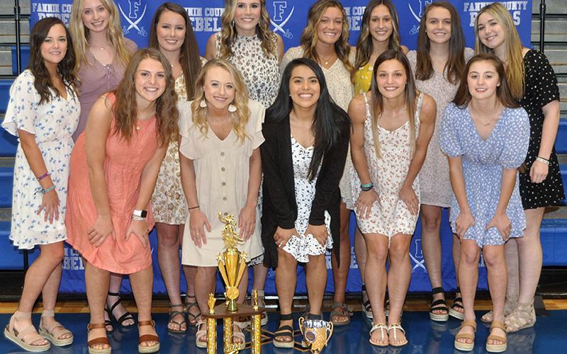 The Fannin County Lady Rebels basketball team celebrated a successful season Monday, May 3, at the end-of-season banquet. The Lady Rebels finished 2020-'21 as region champions and runner-ups in the state championship. Shown with the region championship and state runner-up trophies are, from left, front, Abby Ledford, Mackenzie Johnson, Prisila Bautista, Becca Ledford and Courtney Davis; and back Jenna Young, Ava Queen, Natalie Thomas, Olivia Sisson, Reagan York, Reigan O’Neal, Riley Reeves and Paige Foresma