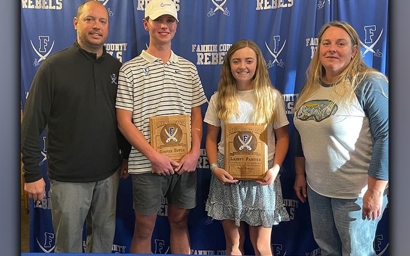 The Fannin Rebel and Lady Rebel golf teams recently held their end-of-season banquet at Circle J Steakhouse in Blue Ridge. The Rebel and Lady Rebel Golfer’s of the Year Award went to Cooper Boyle and Lainey Panter. Shown following the ceremony are, from left, Head Coach Bryan Richerson, Boyle, Panter and Assistant Coach Janet Wooten.