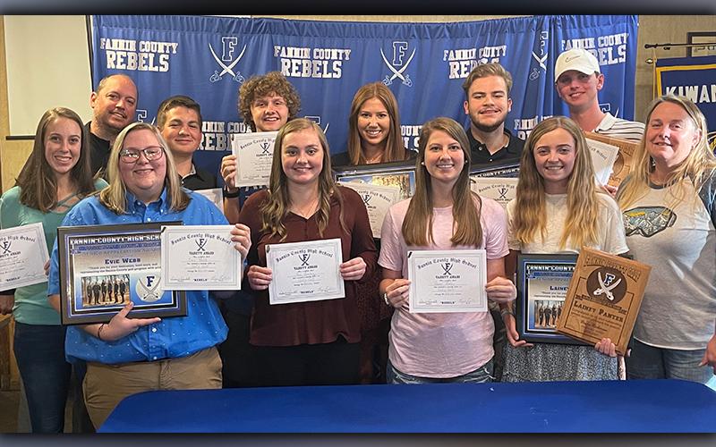 The Fannin Rebel and Lady Rebel golf teams recently held their end-of-season banquet at Circle J Steakhouse in Blue Ridge. Shown following the ceremony are, from left, front, Tempest Giet, Evie Webb, Ava Lackey, Raven Porter, Lainey Panter and Assistant Coach Janet Wooten; and back, Head Coach Bryan Richerson, Cole Pittman, Tripp Hill, Cady Finley, Max Mathis and Cooper Boyle.