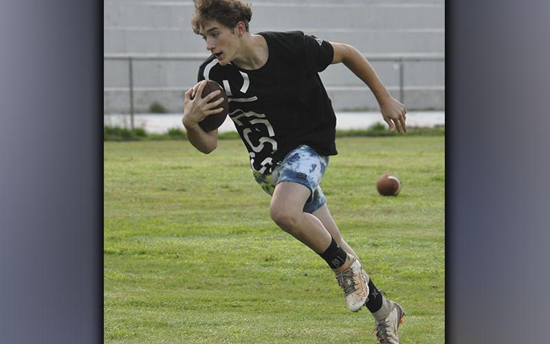 Caden Williams hauls in a catch during Copper Basin’s football practice Thursday, June 10.