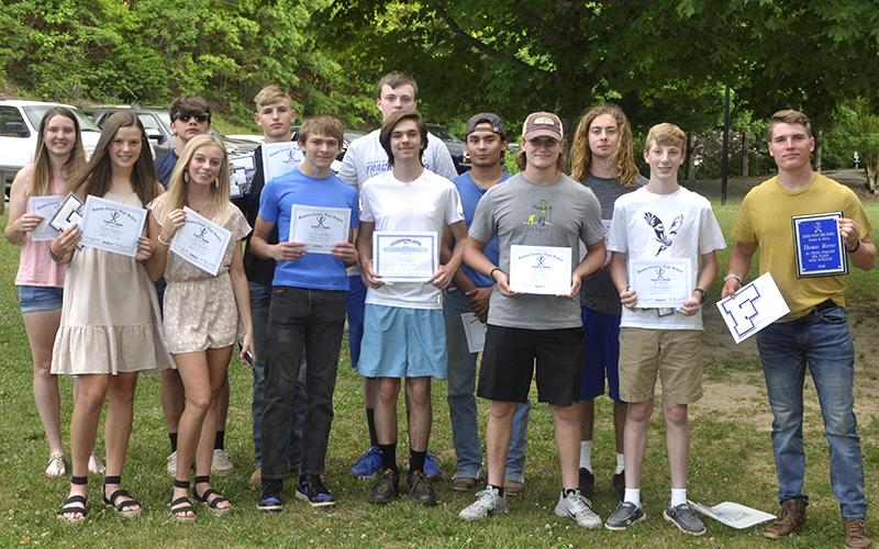 The Fannin County track and field team held their banquet at Horseshoe Bend Park Tuesday, May 25. Shown following the ceremony are, from left, front, Macy Hawkins, Carlee Holloway, Nate Smith, James Bewley, James Mercer, Luke Callihan and Thomas Mercer; and back, Alayna Dockery, Matthew Crowder, Jackson Mercer, Slade Epperson, Austin Garland and Jackson Davis.
