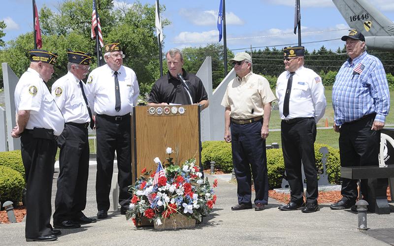 Commanders of the veterans organizations of Fannin County presented Fannin County Sheriff Dane Kirby with an $800 donation to be used for the county’s use. Kirby told the veterans, and those gathered for Monday’s Memorial Day ceremoney the funds will be used to support his office’s Shop With a Cop program. “That’s money well spent,” Kirby said. Shown during the presentation are, from left, Gerald “Chief” McMillen, Bill Stodghill, Ron Wallace, Kirby, Jim Brumbelow, Richard Crosley and Paul Hunter.