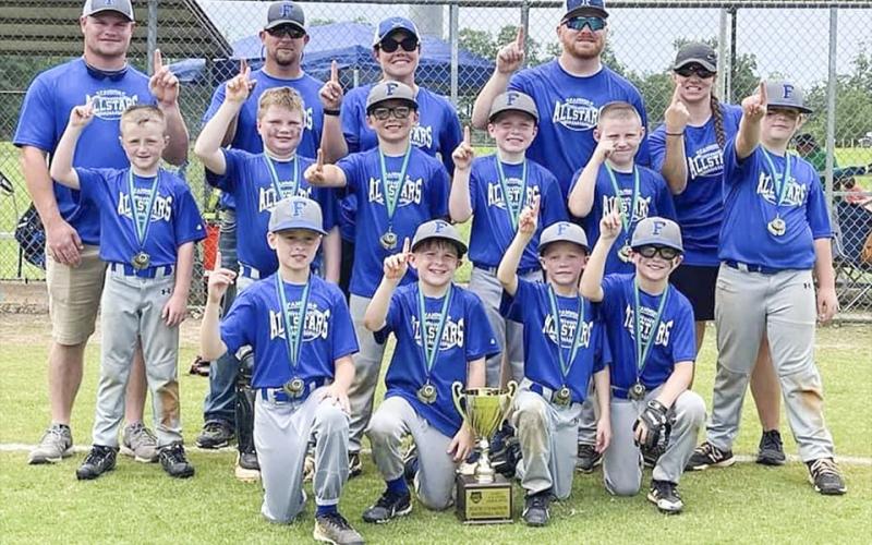 The Fannin County 8U All-Star baseball team recently won the Georgia Recreaction and Parks Class-C State Tournament June 23-24. The Rebels won the tournament by besting Wilcox County twice. The 8U All-Star baseball team is shown, from left, front, Aiden Owensby, Coltlee Jackson, Wyatt Kennedy and Zander Sparks; middle row, Brock Holloway, Brensen Campbell,Trevor Barnes, Zeke Payne, Elijah Crowder and Cason Dyer; and back, Assistant Coach TJ Ross, Assistant Coach Andy Dyer, Head Coach Julie Dyer, Assistant C