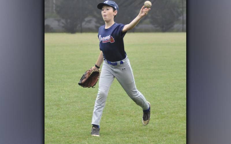 Henry Schueneman winds up for a throw. He was one of the many participants in a Fannin County High School baseball camp.