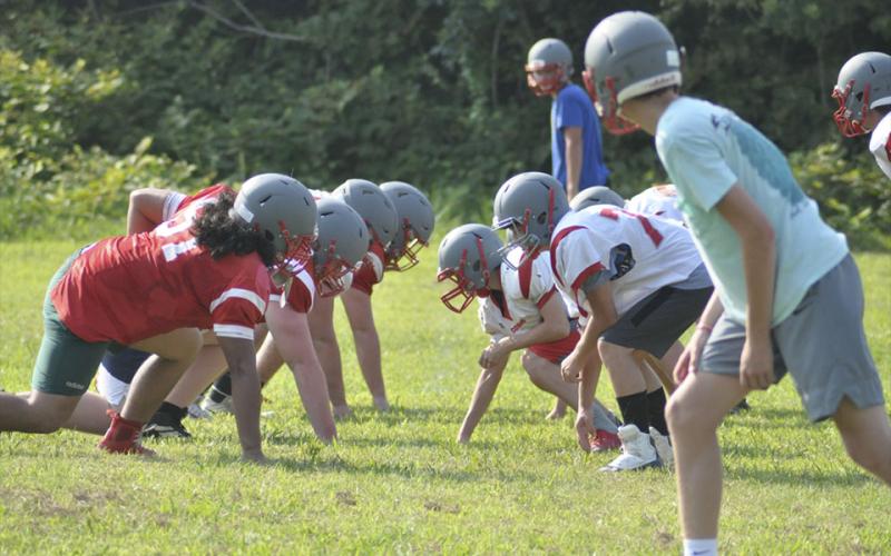 The Copper Basin Cougar offensive and defensive linemen line up during the scrimmage portion of the Cougars’ practice Wednesday, July 28.