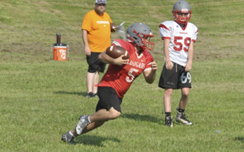 Running back Sebastian Baliles catches a toss and looks for a hole during the Cougars’ football practice Wednesday, July 28.