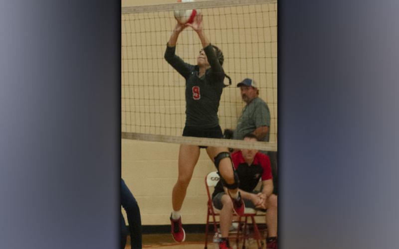 Sydney Hickey keeps a volley alive during the Lady Cougars volleyball game against the Lady Patriots Thursday, August 19.