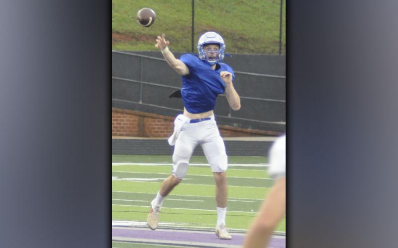Fannin Rebel David Mashburn throws a dart during Fannin’s preseason scrimmage against the Gilmer County Bobcats Friday, August 6. Mashburn had a solid day through the air and on the ground as he helped the Rebels move the chains.