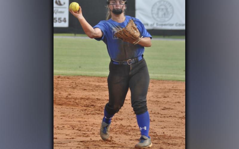 Zoe Putnam throws a runner out in recent action for the Lady Rebel softball team. Putnam had a  solid game in Fannin’s win against Towns County Thursday, August 12.