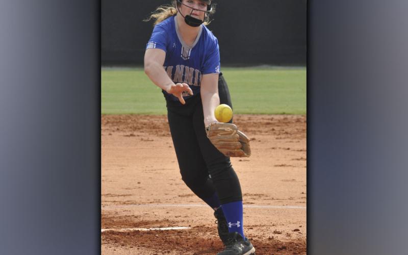 Natalie Herendon throws a strike during the Lady Rebels preseason softball game against Gilmer County Thursday, August 5. Herendon tallied four strike outs in the game.