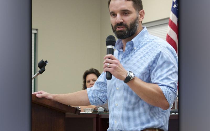Latham Saddler speaks to those in attendance at the Fannin County Republican Party meeting Monday, August 16.