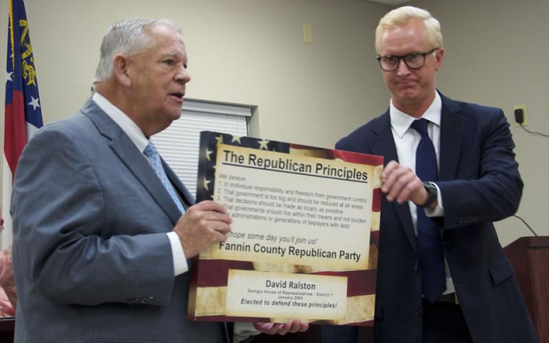 David Ralston, District 7 representative and Speaker of the Georgia House of Representatives, was recognized for his contributions to the Republican party with a plaque from the Fannin County Republican Party during their meeting Monday, August 16. Presenting the plaque is Fannin County GOP Chairman Frank Wood, right.