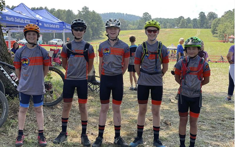Submitted photo The Fannin Mountain Bike Team traveled to Rome, Georgia, Saturday, September 11 and Sunday, September 12, for their first race of the 2021 season Kingston Downs. Shown during the event are, from left, Tony Aiello, Brevan Hennessey, Dawson Elliott, Aiden Carder, Caleb Sheffield, Audrey Veal, Reese Murphy and Kate Freeman.