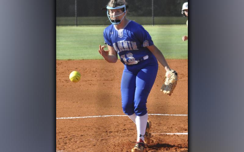 Josilynn Newton throws a strike during the Lady Rebels game against Union County Thursday, September 2. Newton had four strike-outs in the game.