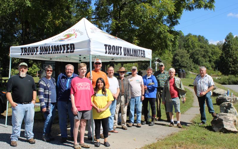 Sixty-seven volunteers collected 1,800 pounds of trash, five tires, a traffic barrel and a freezer during Rivers Alive hosted by Blue Ridge Mountain Trout Unlimited Saturday, September 25. Shown are, from left, Doris Riggs, Carl Riggs, David Britain, Macy Ruiz, Bob Reich, Mike Kapperman, Neil McDonald, John Jenkins, Anna Speesson, Bob Murrah, Sandy Reinauer and Bob Wetzsteon.