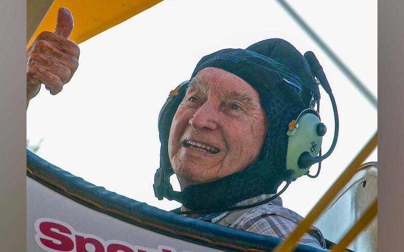 World War II Navy veteran Bill Langford gives a thumbs up before taking off at the Gilmer County Airport Tuesday, September 14, as part of the non-profit organization Dream Flights’ Operation September Freedom.