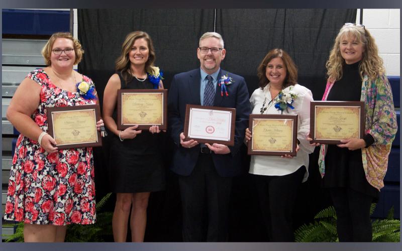 The Fannin County School System held their annual Teacher of the Year Banquet Tuesday, September 14. Teachers of the Year are shown, from left, Sabrina Howard, Fannin County High School; Brittany Newton, Fannin County Middle School; district-wide winner Chris Parker, Blue Ridge Elementary School; Christie Holtman, East Fannin Elementary School; and, district-wide runner up Karen Goode, West Fannin Elementary School.