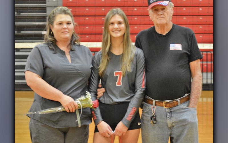 Albani Dotson was one of eight Lady Cougar volleyball players that were honored on senior night Thursday, September 23. Dotson is shown with her mother Tracy Dotson and her grandfather Larry Dotson.