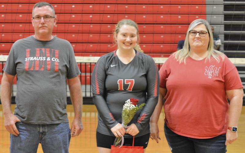 Raegan Higdon was one of eight Lady Cougar seniors honored at the last Copper Basin home volleyball game Thursday, September 23. Higdon is shown with her parents Chris and Shelley Higdon.