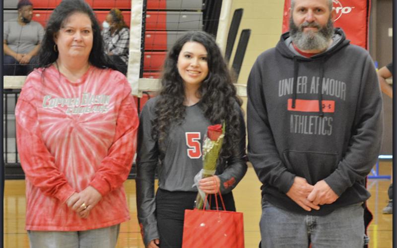 Senior Lady Cougar Chelsea Stuart was honored during senior night at Copper Basin High Schol Thursday, September 23. Stuart is shown during the ceremony with her parents, Michael and Kimberly Stuart.