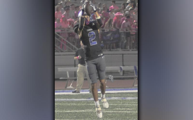Hayden Lynch snags one of his five catches against the Pepperell Dragons Friday, October 1. Lynch had 44 receiving yards in the Rebels 40-14 victory.
