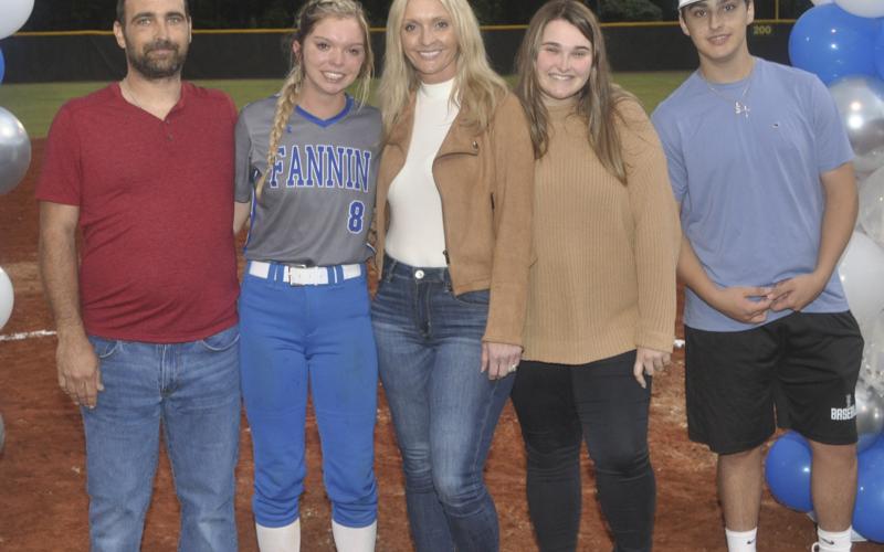 The Fannin County Lady Rebel softball team honored their seniors on their last home game of the season Tuesday, October 5. Shown during the ceremony are, from left, Thomas Foster, father; senior, Jaylen Green; Lisa Foster, mother; Tessa Foster, sister; and Gage Foster, brother.