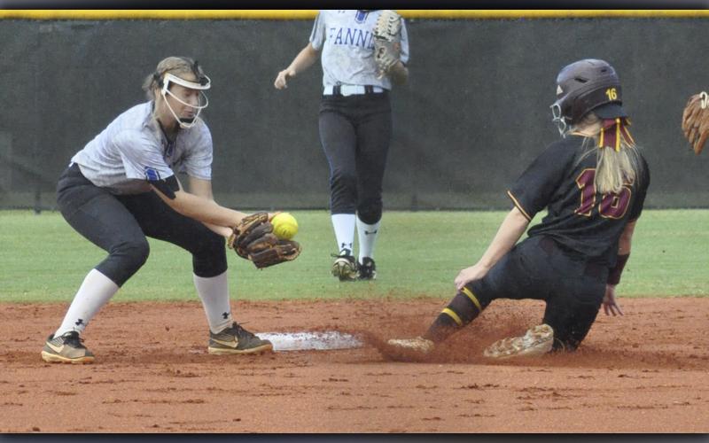 Lady Rebel Callie Ensley gets a runner out in recent action for the Fannin County Lady Rebels softball team.