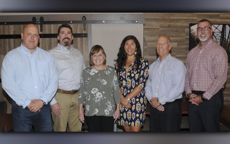 Christie Gribble will become the new president of the Fannin County Chamber of Commerce January 1, 2022. The announcement came in conjunction with Jan Hackett’s retirement announcement at the chamber board of directors meeting Wednesday, October 20. Shown at the meeting are chamber board officers, from left, past Chairman Brandon Holloway, Vice Chairman Jason Jones, Hackett, Gribble, Treasurer Rene Bidez, and Chairman Richard York.