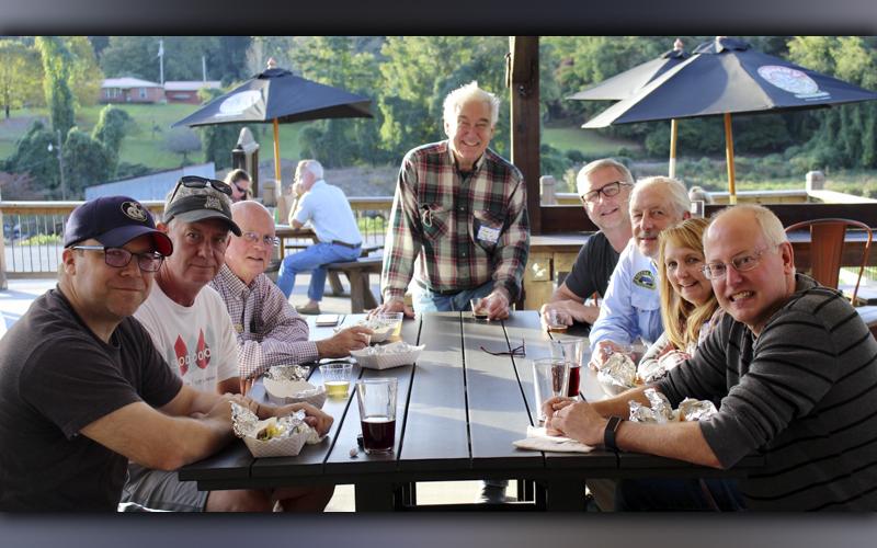 The Fannin County Chamber of Commerce held Business After Hours Tuesday, October 20, at Grumpy Old Men Brewing, located at 1315 East Main Street, Blue Ridge.  Shown enjoying the evening are, from left, Paul Kupfer and Mark Belongie with Freedom for Fido, Blue Ridge Mountain Trout Unlimited Chapter President John Jenkins, John Foley with Egg and Feather Insurance, Mark McGuire with Vertigo Pinpall, Greg Spencer with Toccoa House Properties and Freedom for Fido founders Jackie and Fritz Gilbert.
