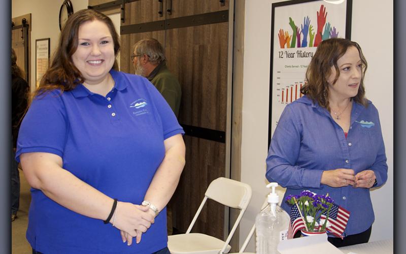 Meagan Gourley and Kim Foster with the Fannin County Chamber of Commerce greet guests as they enter Fannin County Family Connection for the Eggs &amp; Issues Breakfast Tuesday, October 19.