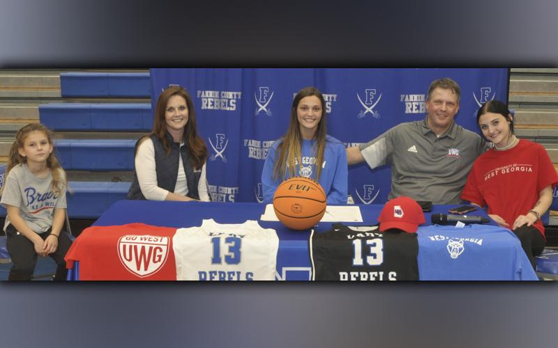 Fannin County Lady Rebel Becca Ledford chose to further her academic and athletic career Wednesday, December 10, when she signed a National Letter of Intent to play basketball at the University of West Georgia. Shown during the ceremony are, from left, Lennon Ledford, sister; Cami Ledford, mother; Becca Ledford, Phillip Ledford, father; and Reagan Ledford, sister.