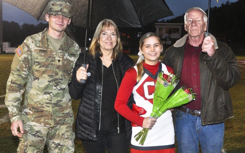 Cheerleading senior Skyler Pero was recognized during Copper Basin’s senior night ceremony Friday, October 29. Shown during the ceremony are, from left, Gage Pero, brother; Patti Pero, mother; senior Pero and Mike Pero, father.