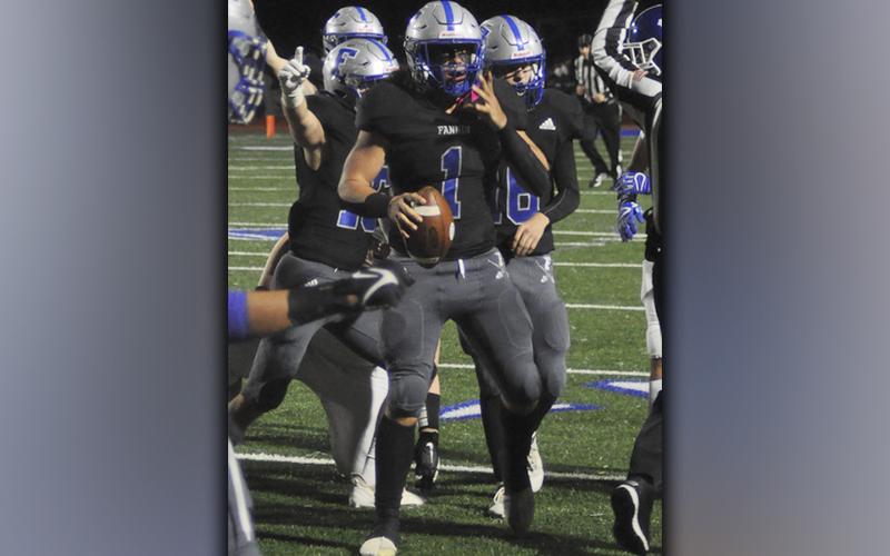 Andrew Waldrep (1) celebrates with teammates after he had a big fumble recovery during the Rebels playoff game against the Bremen Blue Devils Friday, November 12.