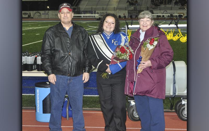 Fannin County High School band senior Mary Rice was recognized along with the other band seniors Friday, November 5, at Fannin’s last home football game of the regular season. Shown during the ceremony are, from left, Rickey Rice, senior Mary Rice and Glenda Rice.