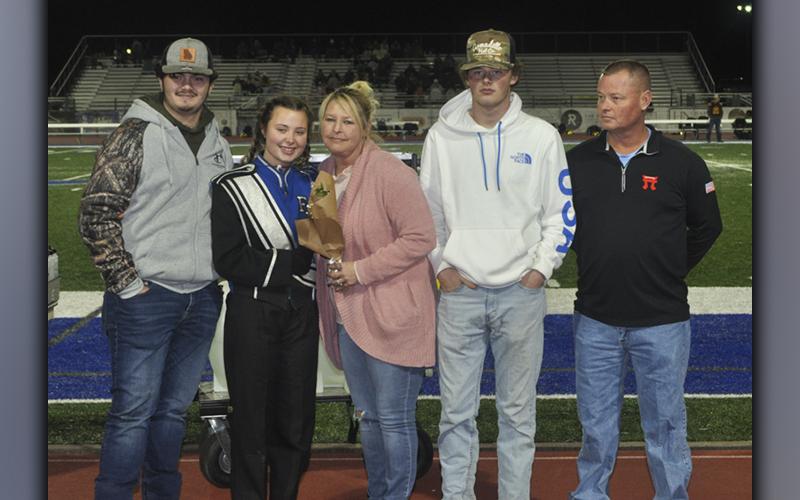 Hailee Turner was recognized with the other band seniors during Fannin County High School’s senior night ceremony Friday, November 5. Among well wishers with Turner, from left, are, Logan Allen, senior Hailee Turner, Tracy Turner, Noah Turner and Justin Turner.