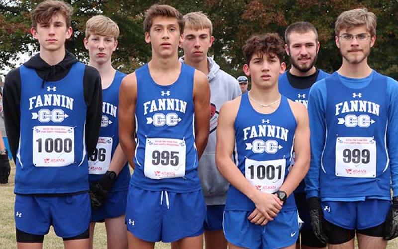 The Fannin County Rebel cross country team competed in the GHSA State Cross Country Championship Friday and Saturday, November 5 and 6, at Carrollton High School. The Rebels were able to finished in eighth place out of 30 teams. Shown following the state meet are, from left, front, Phoenix Leifer, Benjamin Bloch, Zechariah Prater and James Kyle; and back, Luke Callihan, Gavin Davis and Sam Jabaley.