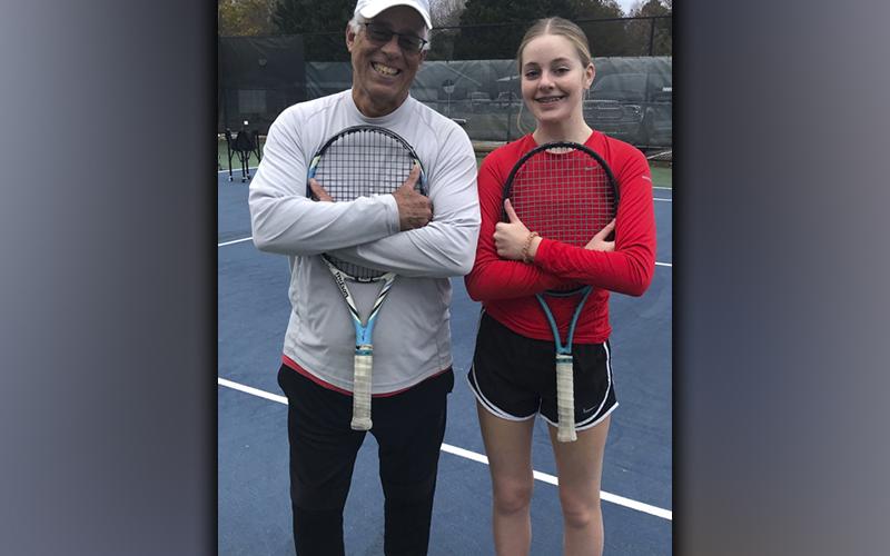 Mel Locklear and Anna Beth Minear are all smiles after a day of tennis practice in the Blue Ridge City Park.