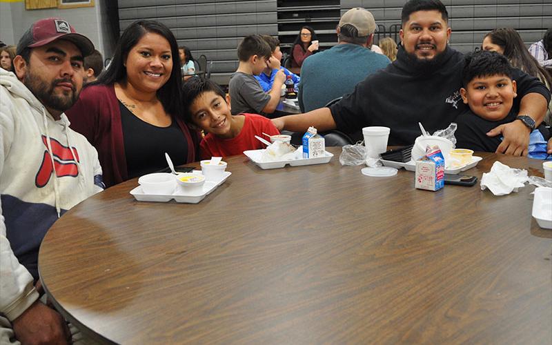 West Fannin Elementary School hosted a Thanksgiving lunch for students and their families Thursday, November 18. Shown are, from left, father, Gerardo Rosas; mother, Erika Rosas; fourth grader Axel Rosas-Rosalez; father, Odany Rosalez; and fourth grader Abraham Rosalez.