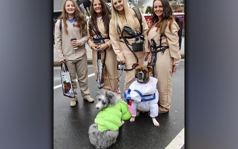 Dressed up as the Ghostbusters for the Blue Ridge Halloween Safe Zone Saturday, October 30, are, from left, Bridgett Allen, Sydney German, Candace German and Melissa German with pups Luna as Slimer and Zeus as the Stay Puft Marshmallow Man.