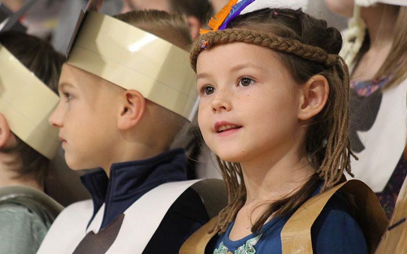 East Fannin Elementary School kindergarten classes performed a Thanksgiving skit for their parents Tuesday, November 16. Shown are, Lawson Grant as a pilgrim and Oakley Helton as a Native American.