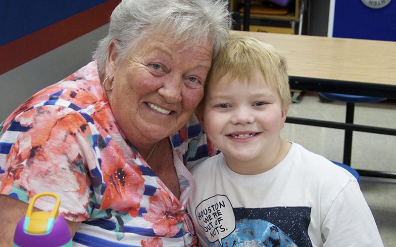 Collin Alewel takes a break from the Waffle House Doris Dilbeck brought him for a photo during Thanksgiving lunch at Blue Ridge Elementary School.