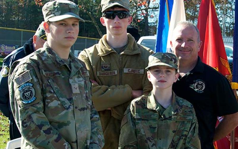 Members of Mountain Area Christian Academy’s JrROTC helped present the colors during the Veterans Day Ceremony. Those that helped are, from left, Wesley Tanner, Benjamin Kyle Bargeron, Keegan Deeds and JrROTC Senior Master Sergeant Retired Harold Bargeron.